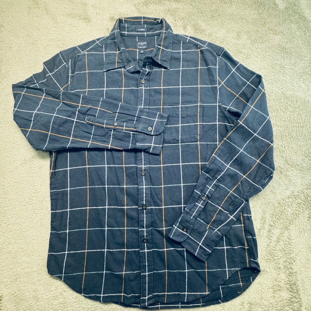 J Crew‎ Mens Classic Fit Flannel Long Sleeve Button Up Shirt Size L Navy Plaid